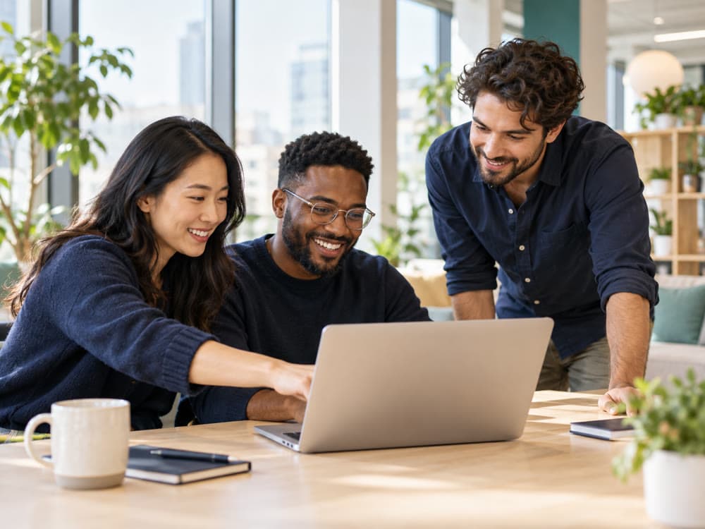 Illustrative photograph of colleagues collaborating at a computer