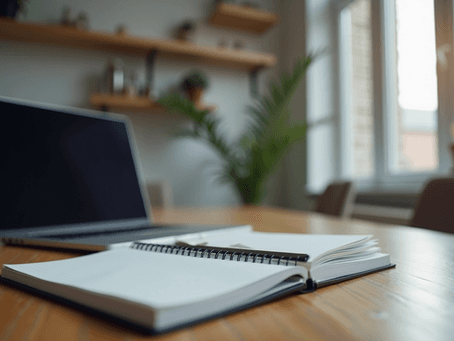 An office desk with a laptop and a notebook, symbolizing efficient hiring strategies for startups.